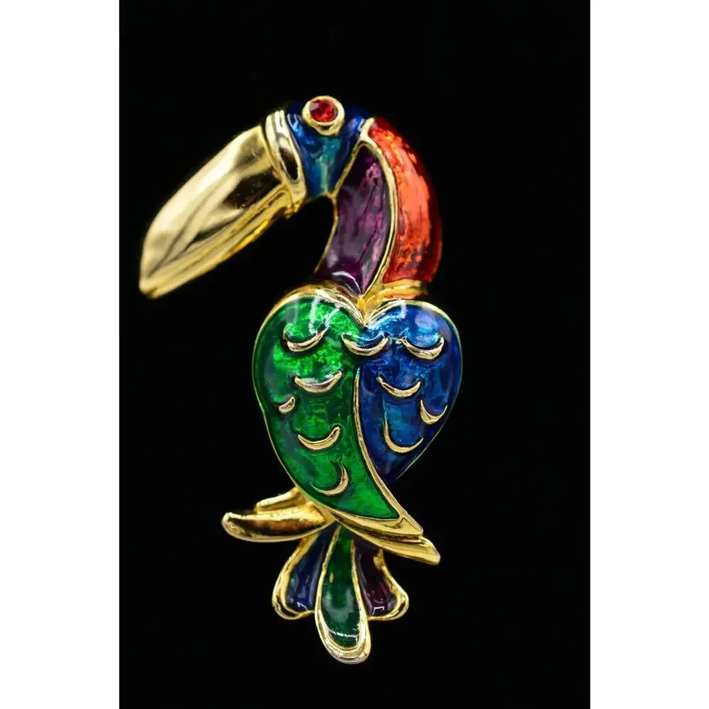 Vintage Toucan Pin Brooch Gold Bird Multi-Color Enamel Red Rhinestone 1980s 9B